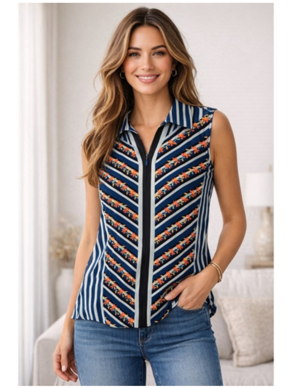 cabi Blue Striped Floral Sleeveless Zip Front Blouse Top NWOT Small & Large NEW